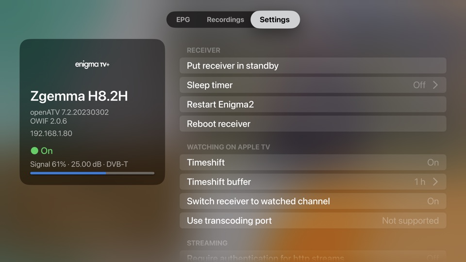 Receiver settings